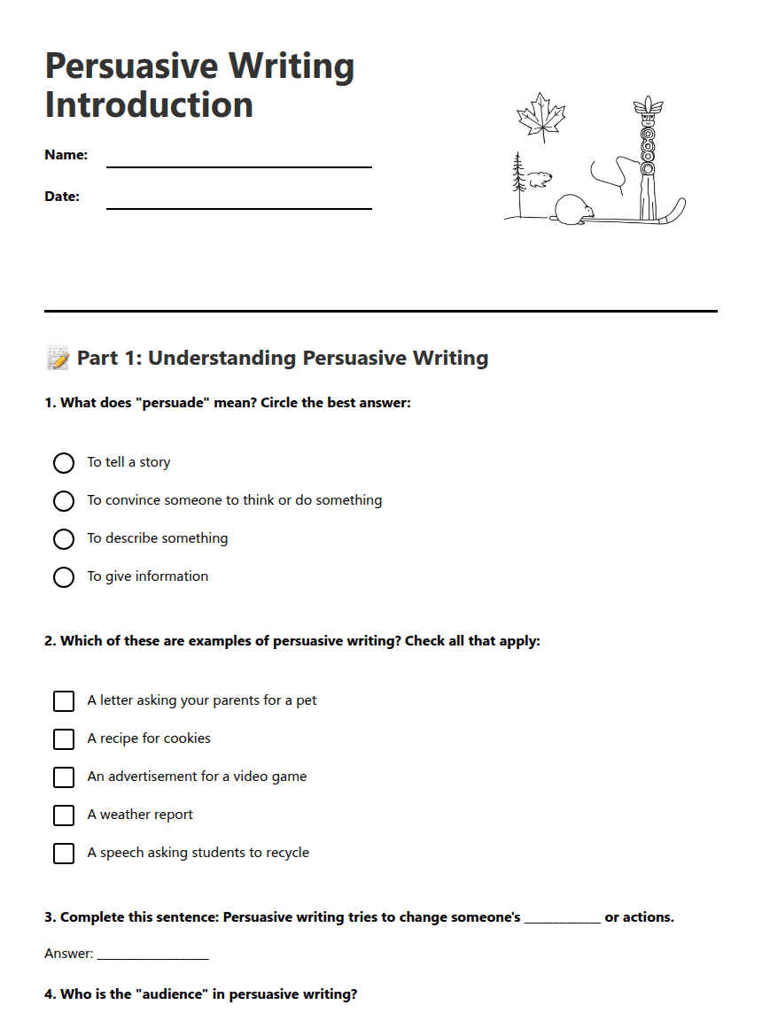 Persuasive Writing Introduction worksheet preview