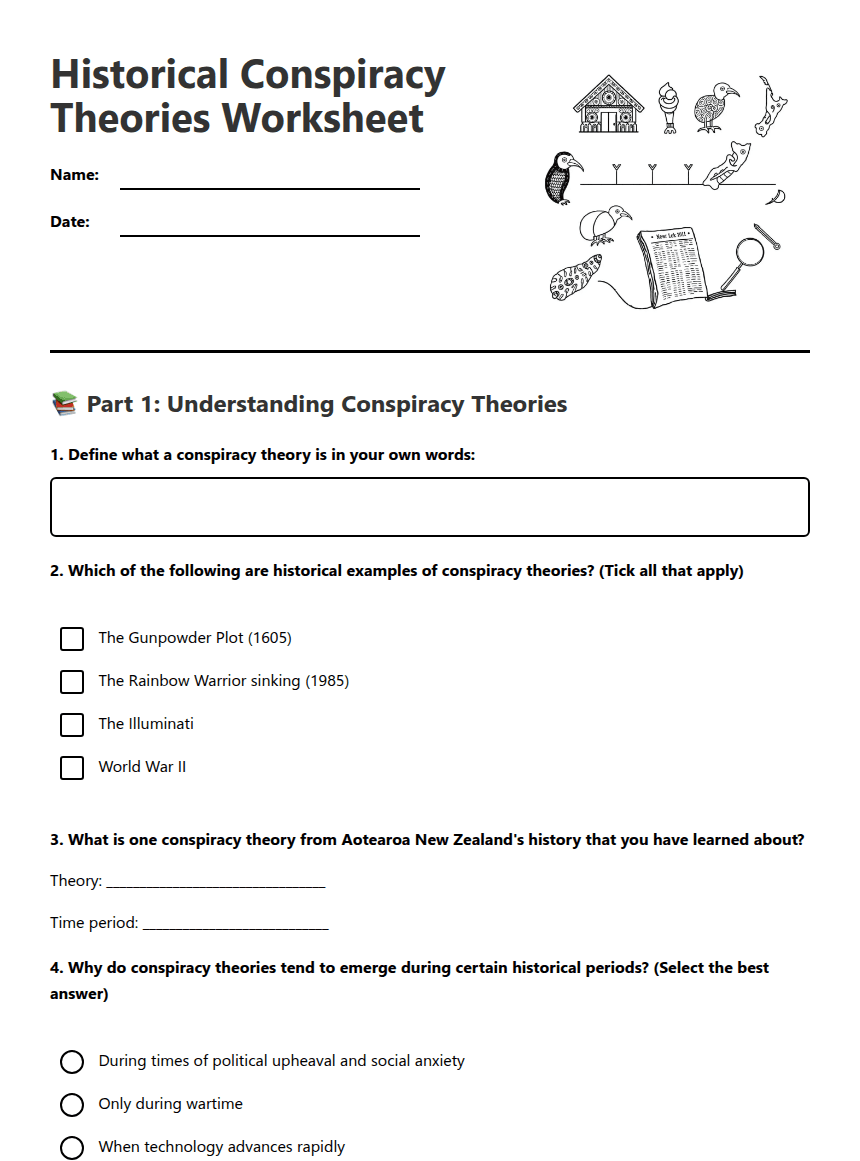 Historical Conspiracy Theories Worksheet worksheet preview