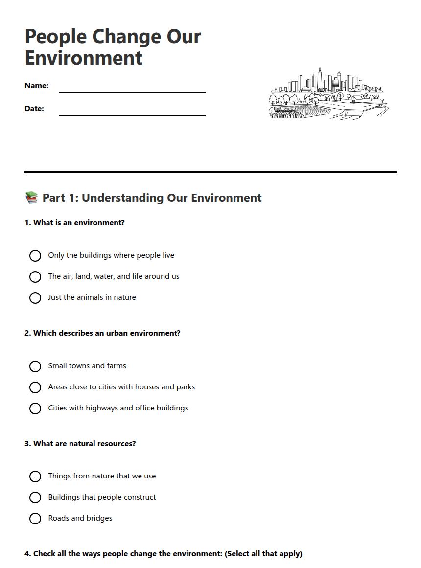 People Change Our Environment worksheet preview