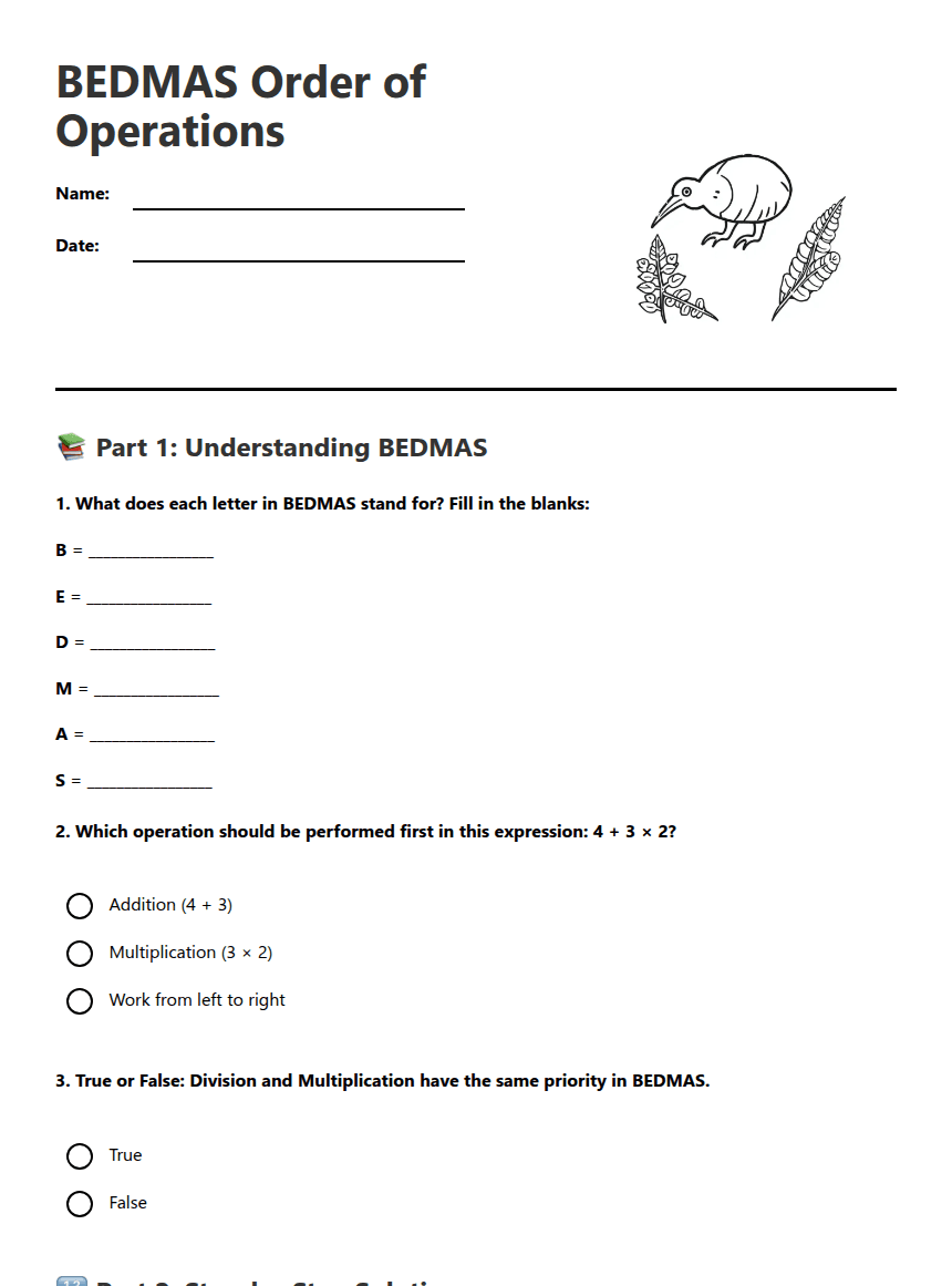 BEDMAS Order Operations worksheet preview