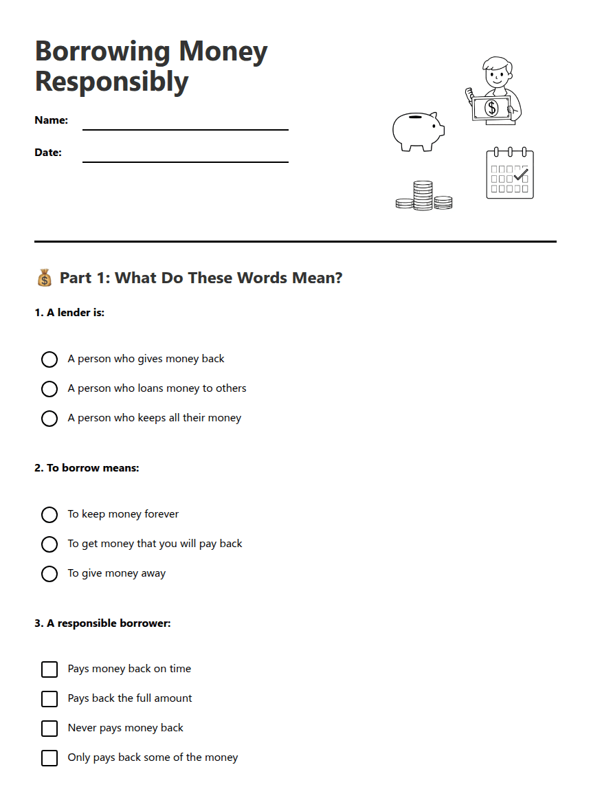 Borrowing Money Responsibly worksheet preview