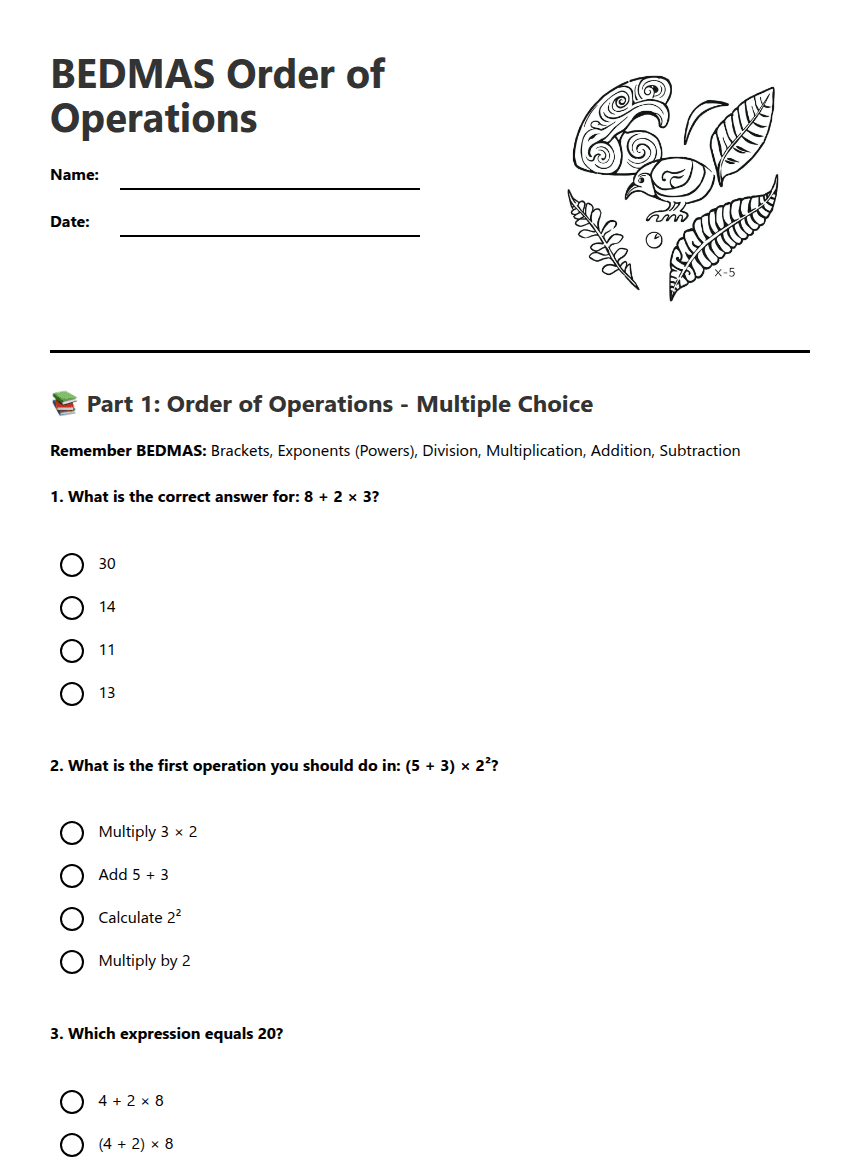 BEDMAS Order of Operations worksheet preview