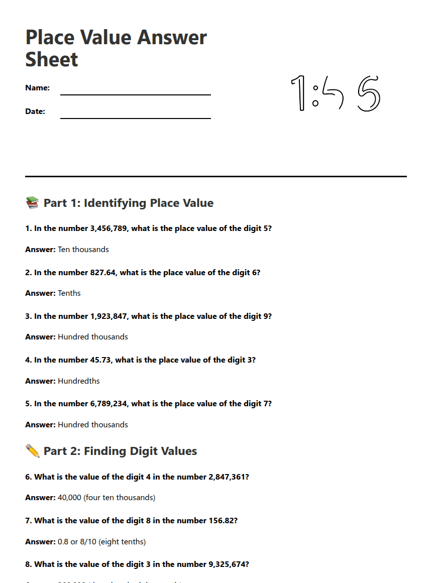 Place Value Answer Sheet worksheet preview