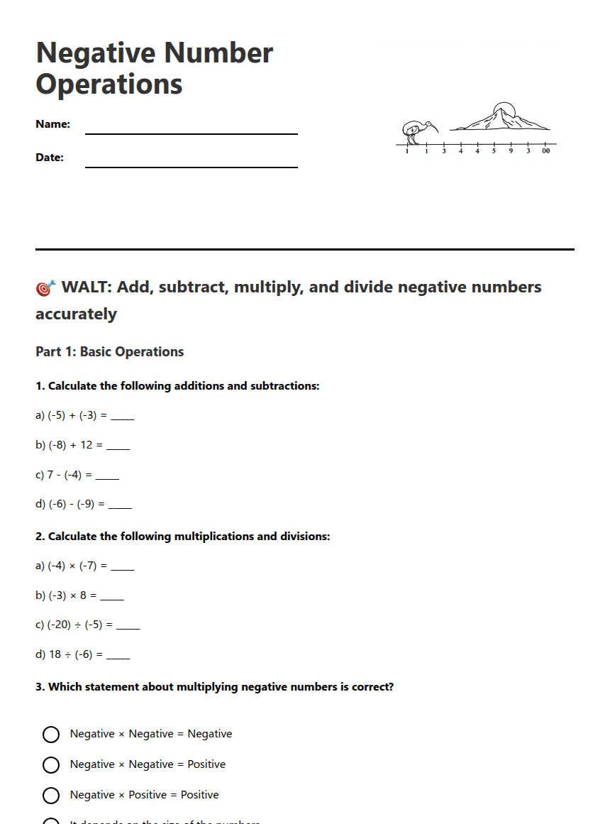 Negative Number Operations worksheet preview