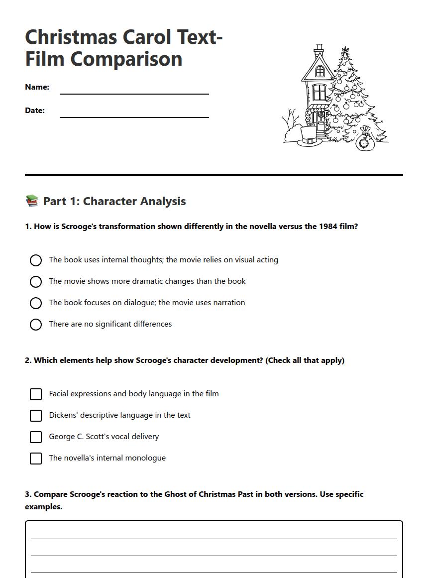 Christmas Carol Text-Film Comparison worksheet preview