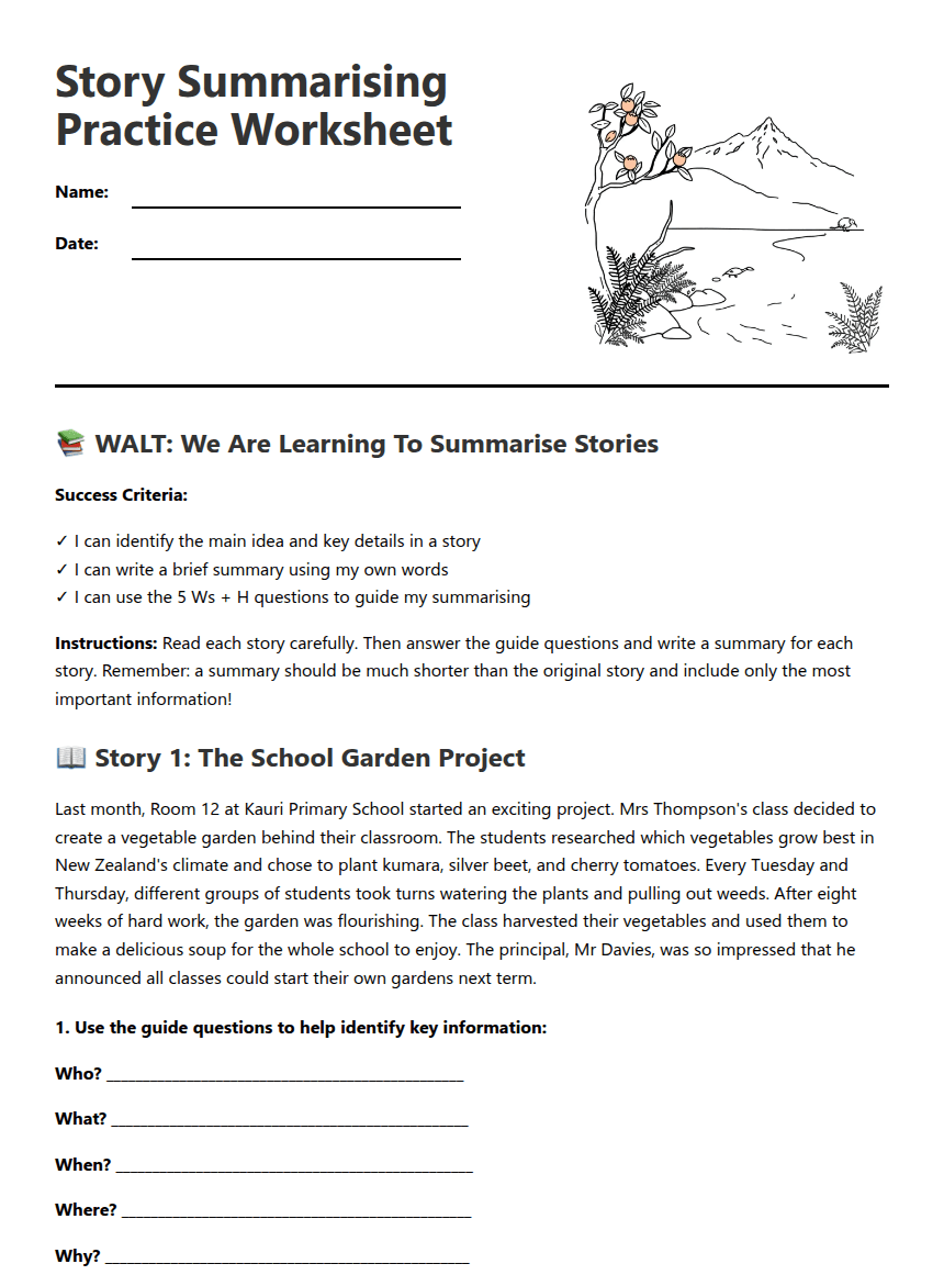 Story Summarising Practice Worksheet worksheet preview