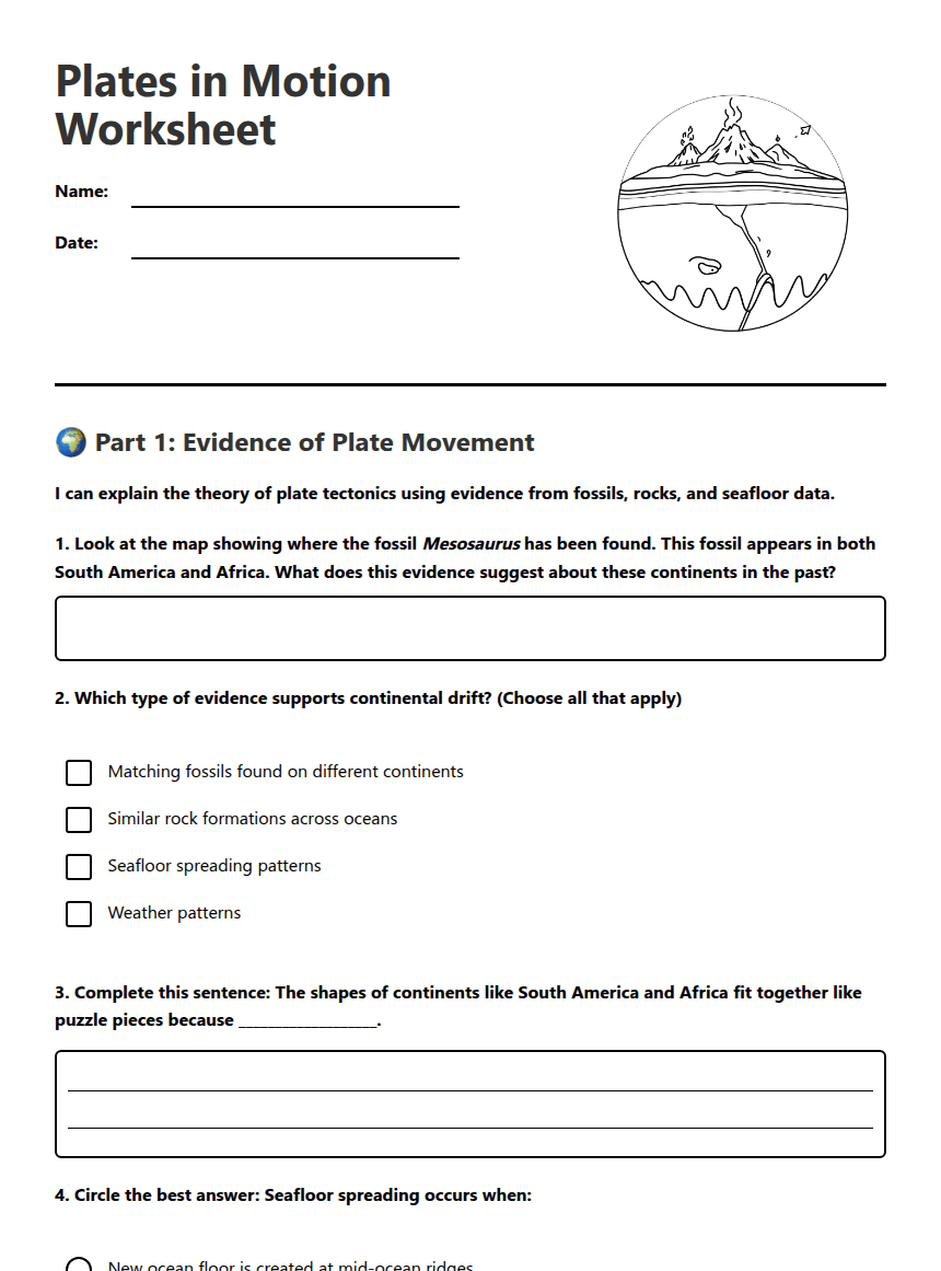Plates in Motion Worksheet worksheet preview