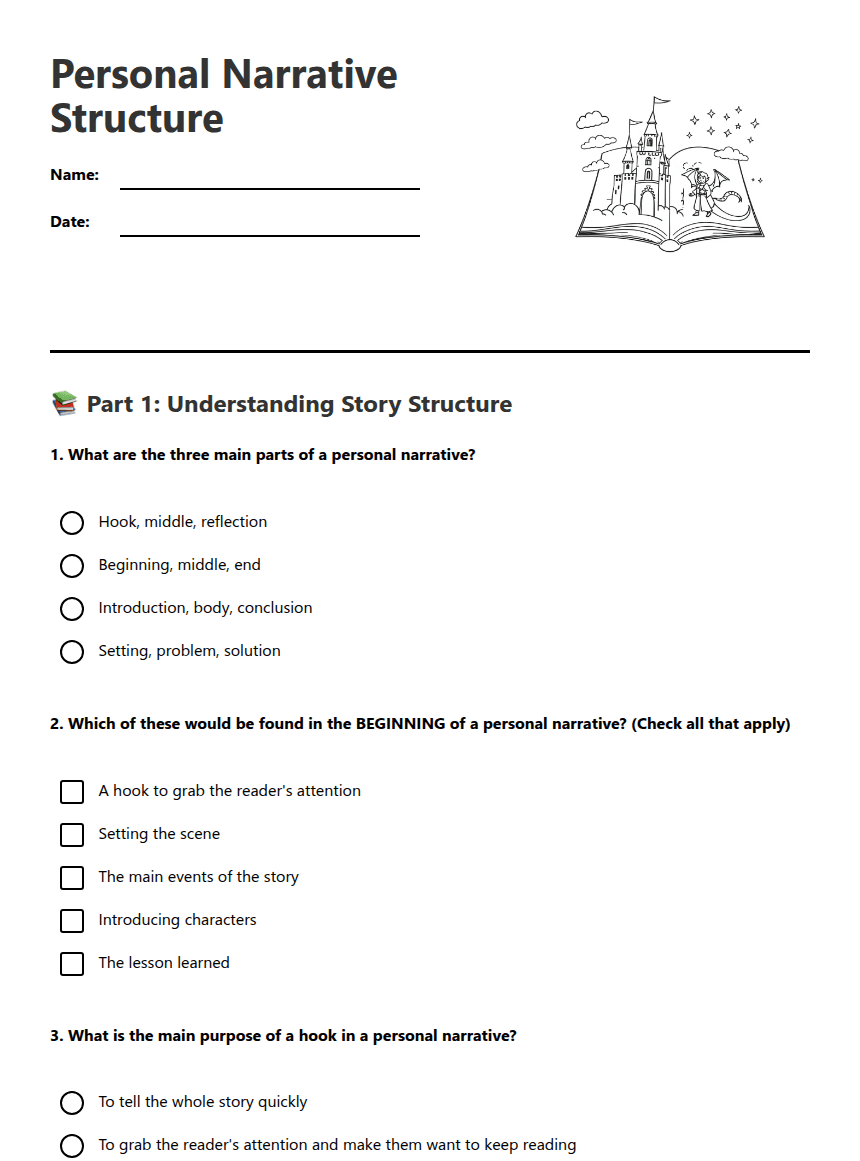 Personal Narrative Structure worksheet preview