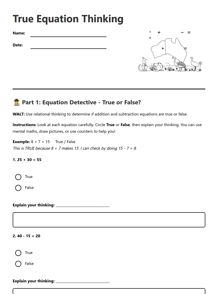 True Equation Thinking worksheet preview