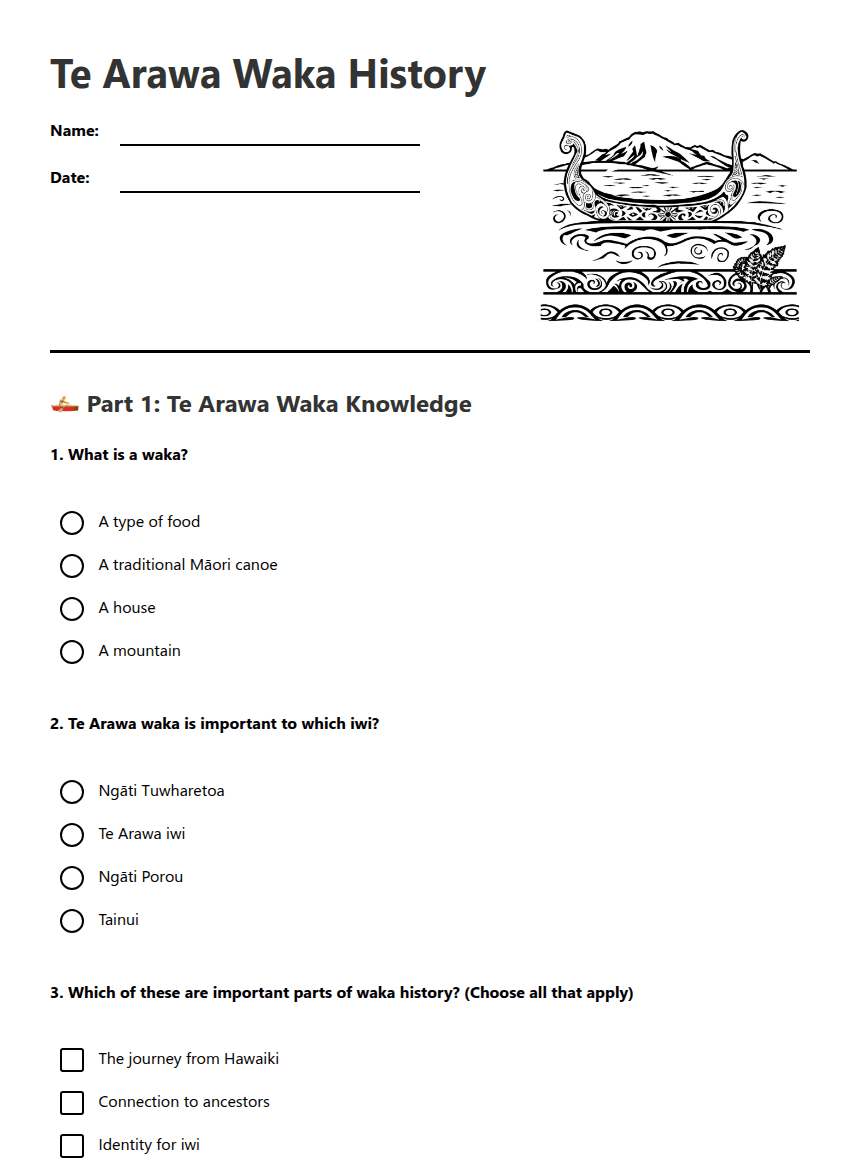 Te Arawa Waka History worksheet preview