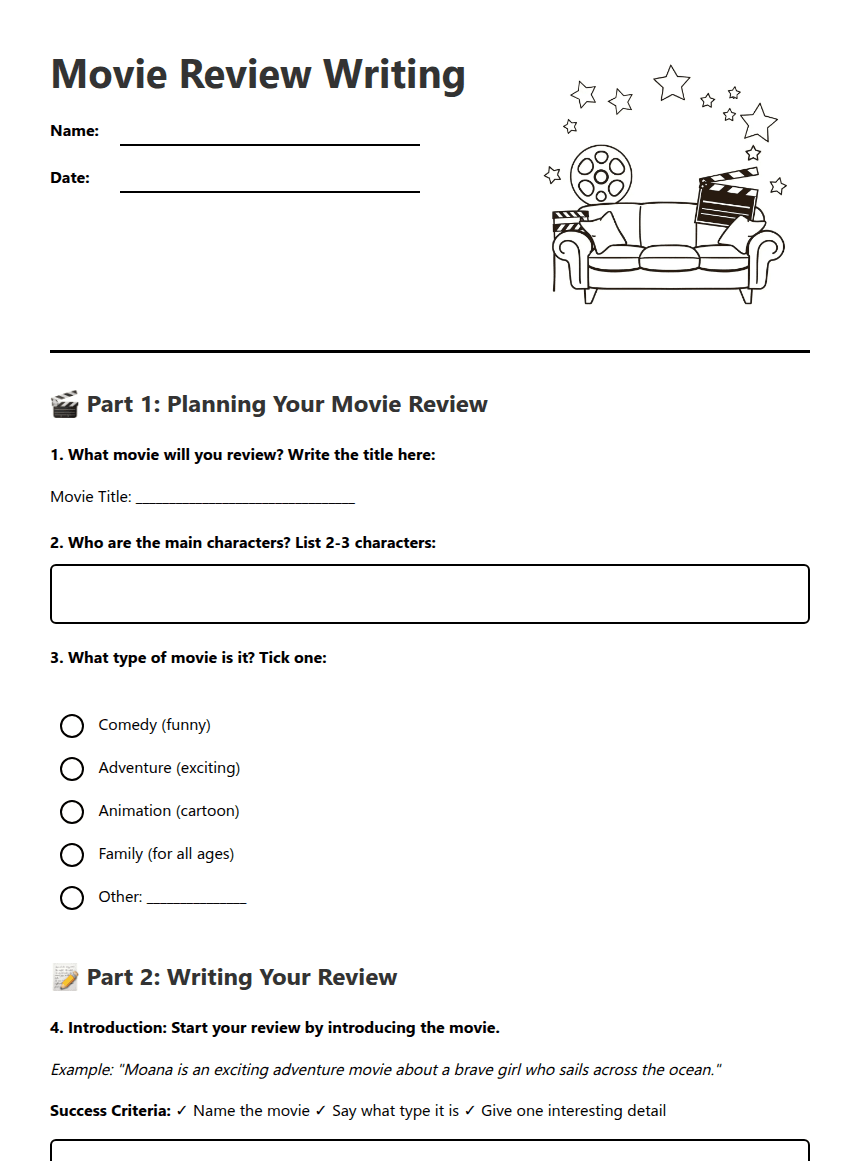 Movie Review Writing worksheet preview