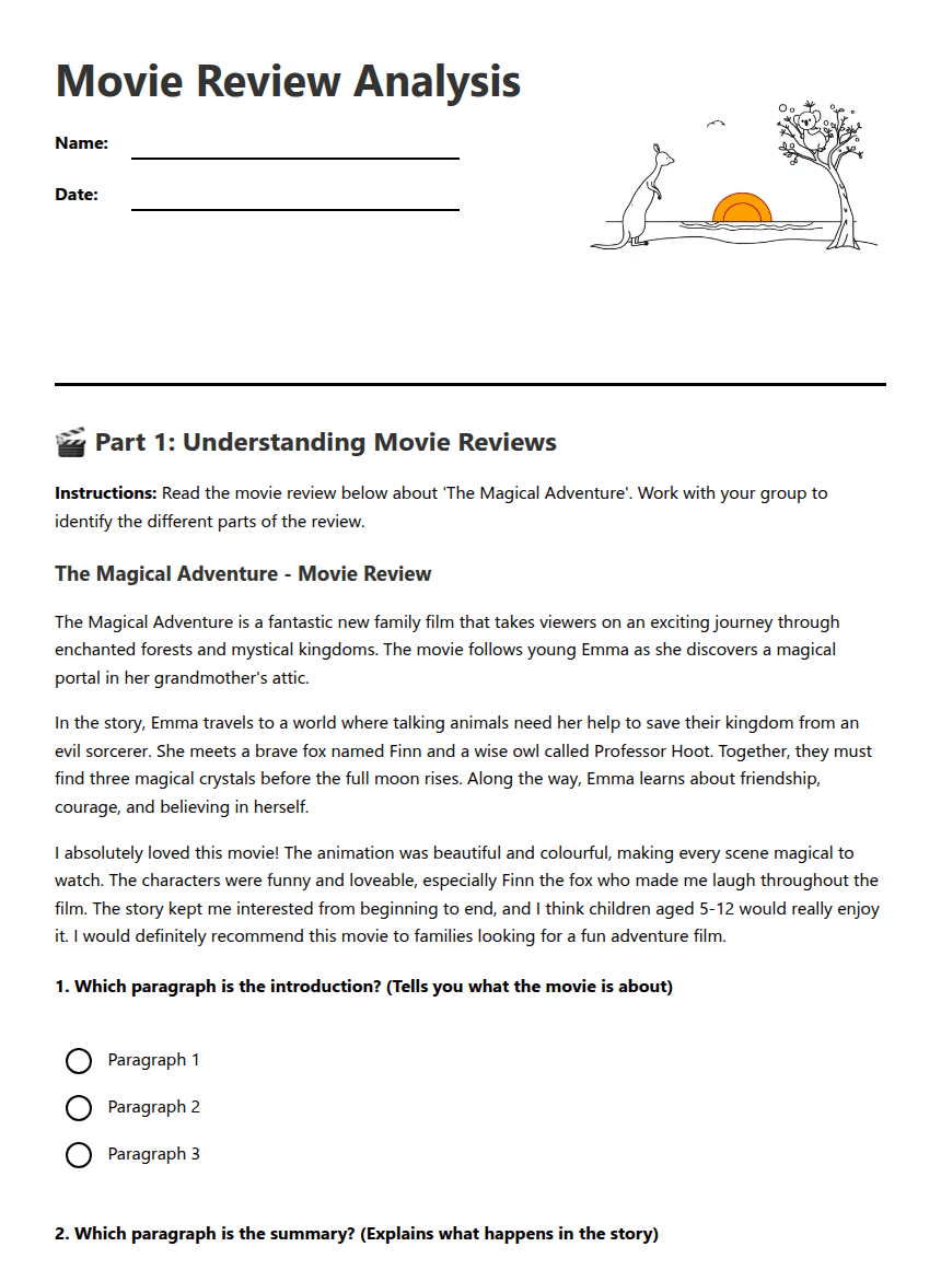 Movie Review Analysis worksheet preview