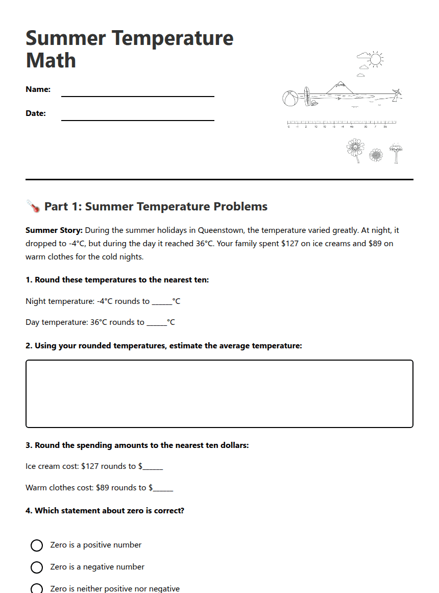 Summer Temperature Math worksheet preview