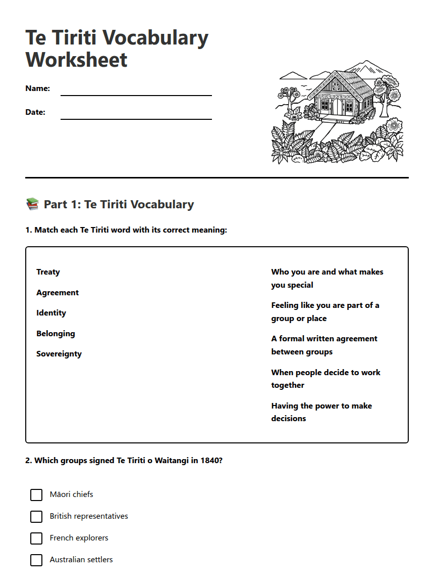 Te Tiriti Vocabulary Worksheet worksheet preview