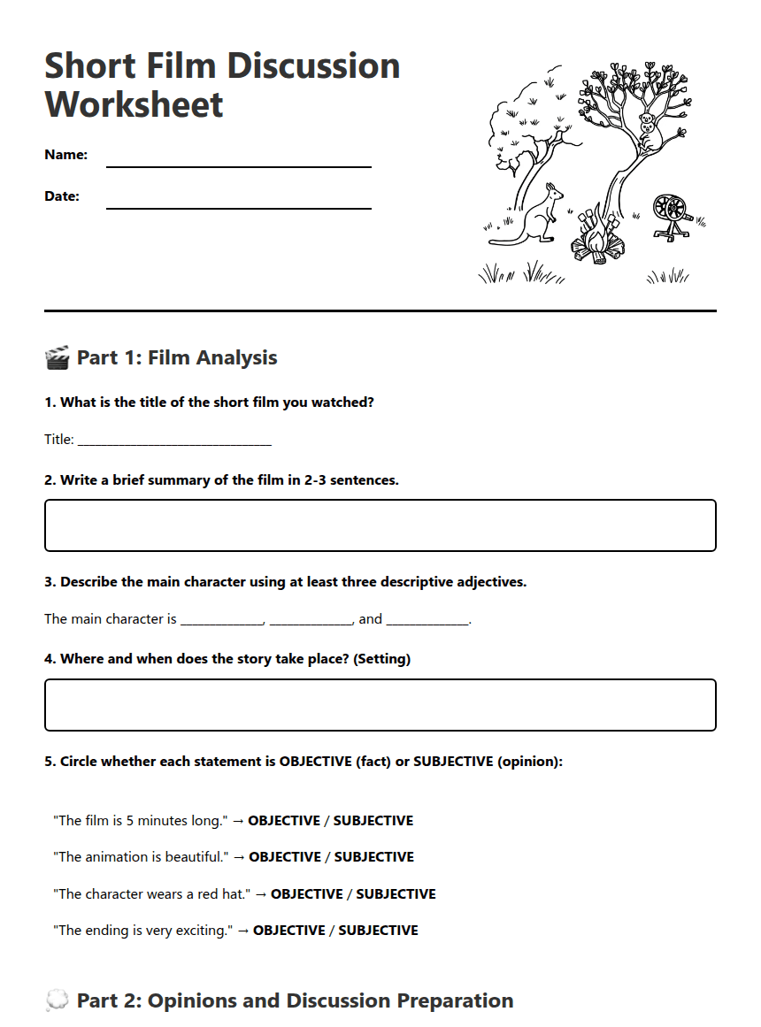Short Film Discussion Worksheet worksheet preview