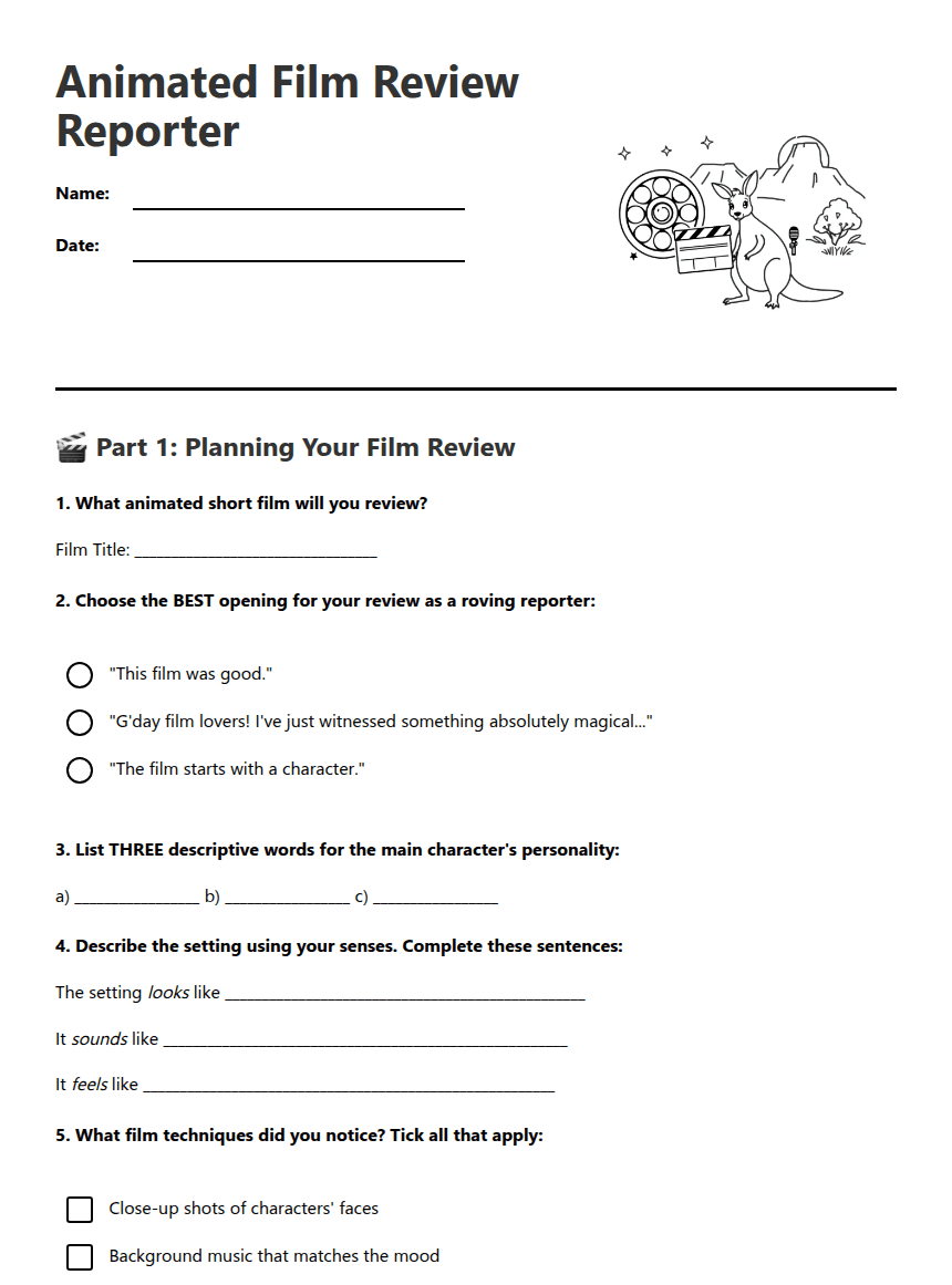 Animated Film Review Reporter worksheet preview