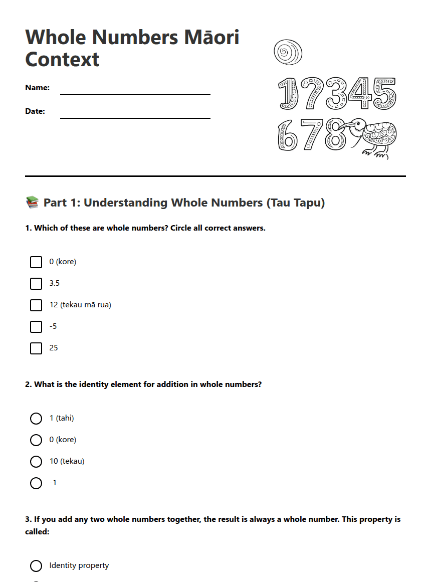 Whole Numbers Māori Context worksheet preview