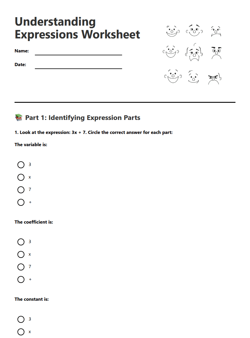 Understanding Expressions Worksheet worksheet preview