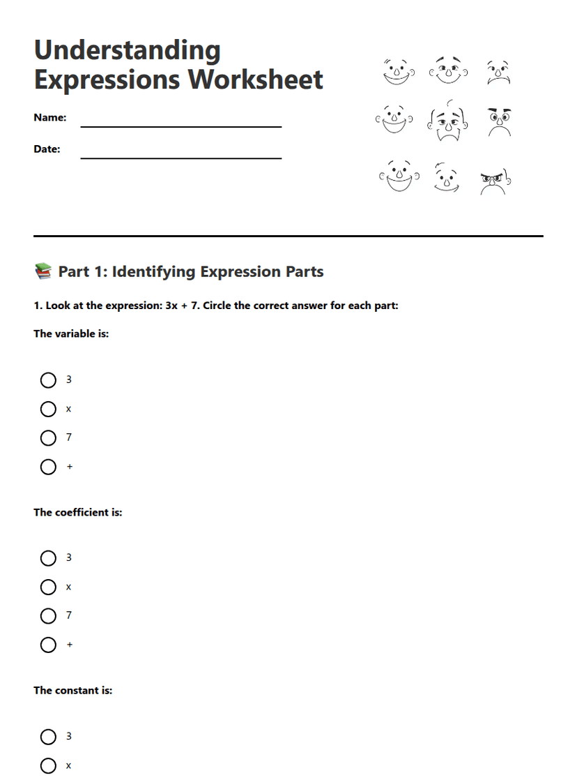 Understanding Expressions Worksheet