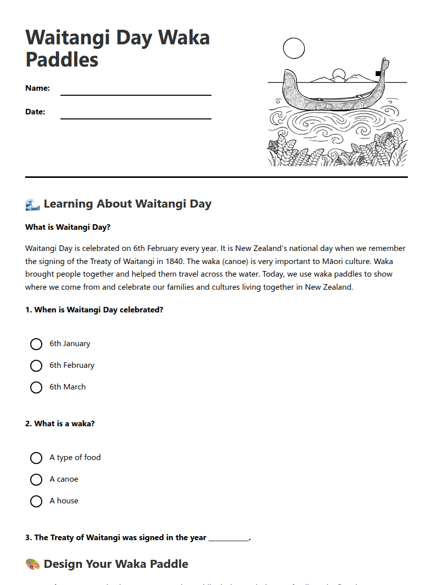 Waitangi Day Waka Paddles worksheet preview