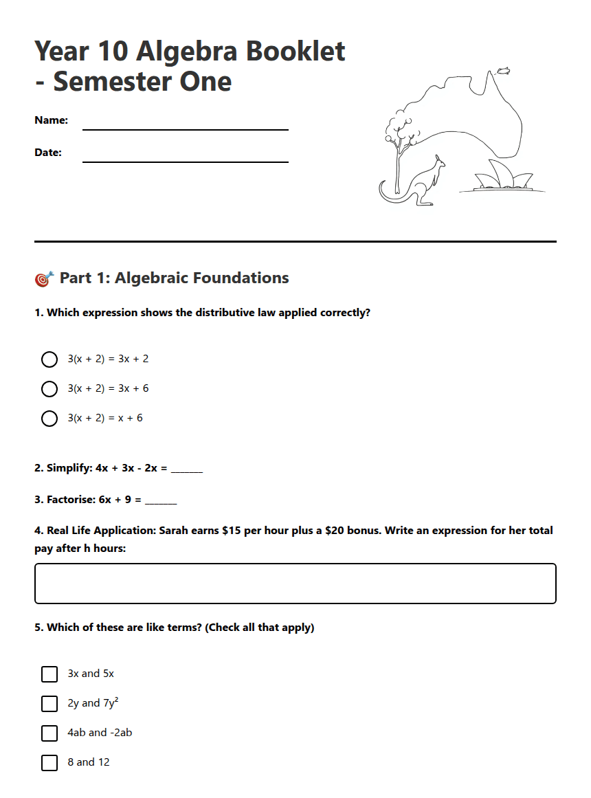 Year 10 Algebra Booklets worksheet preview