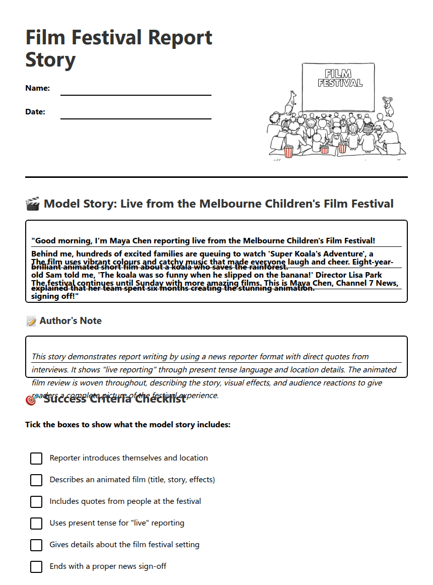 Film Festival Report Story worksheet preview