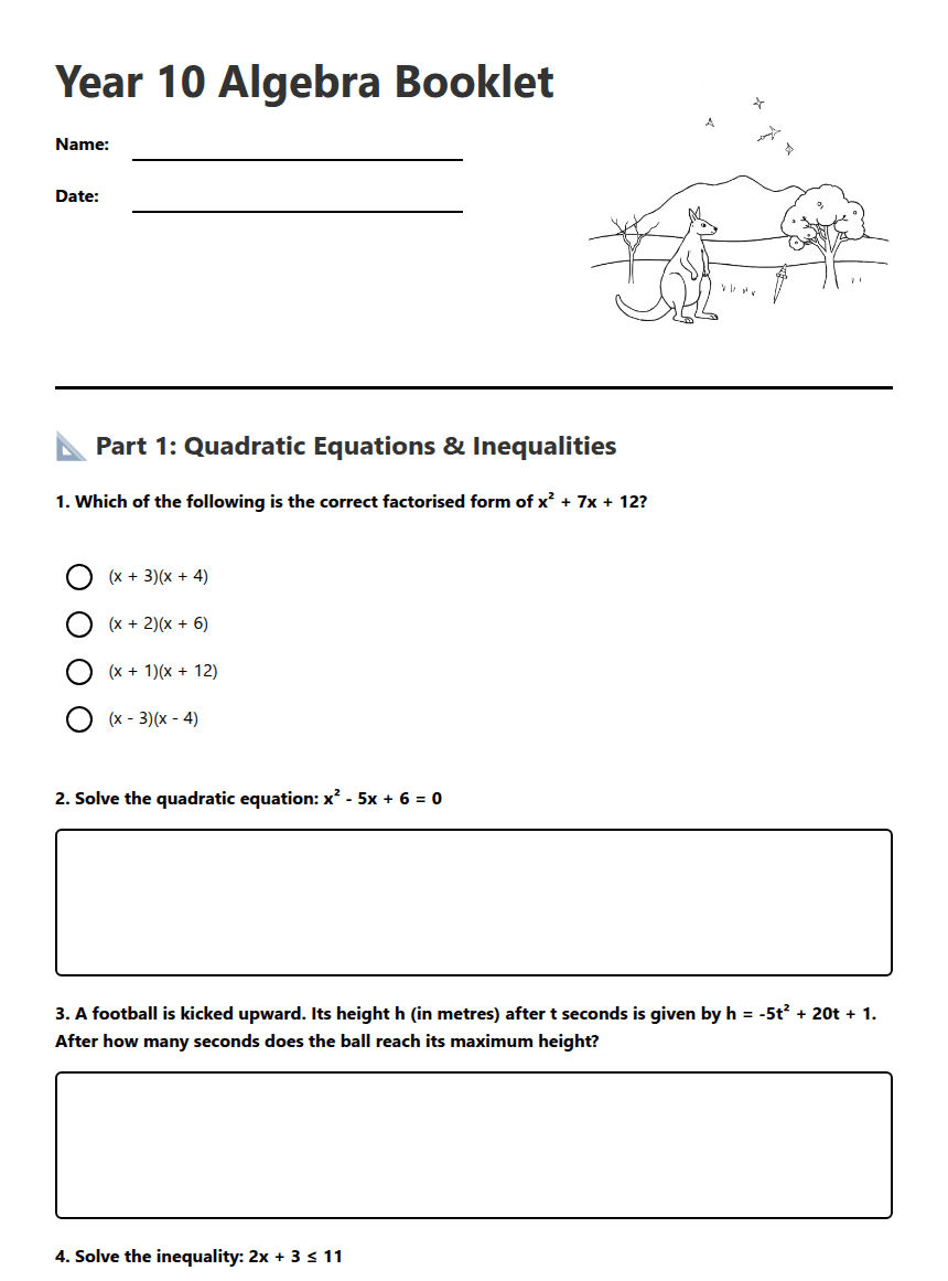 Year 10 Algebra Booklet worksheet preview
