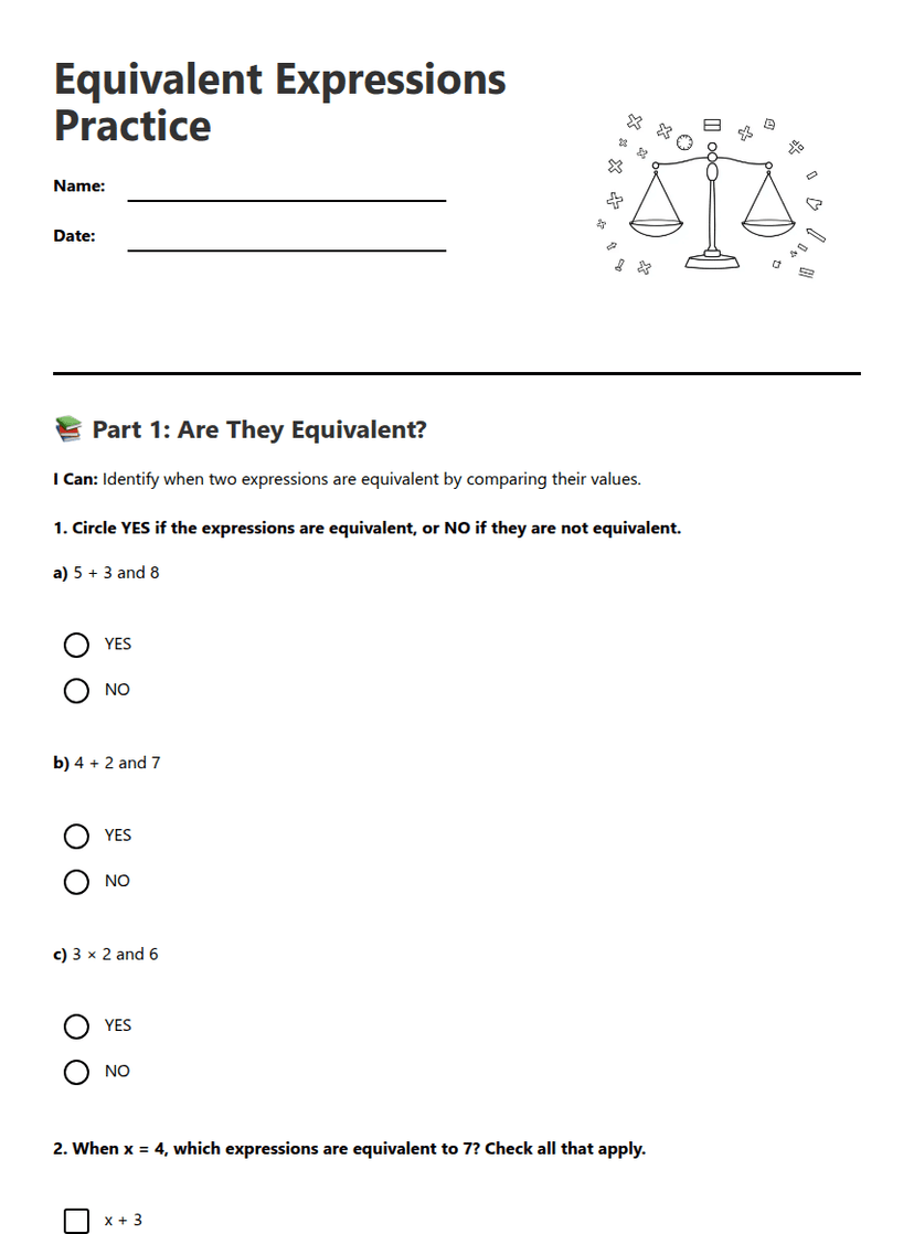 Equivalent Expressions Practice