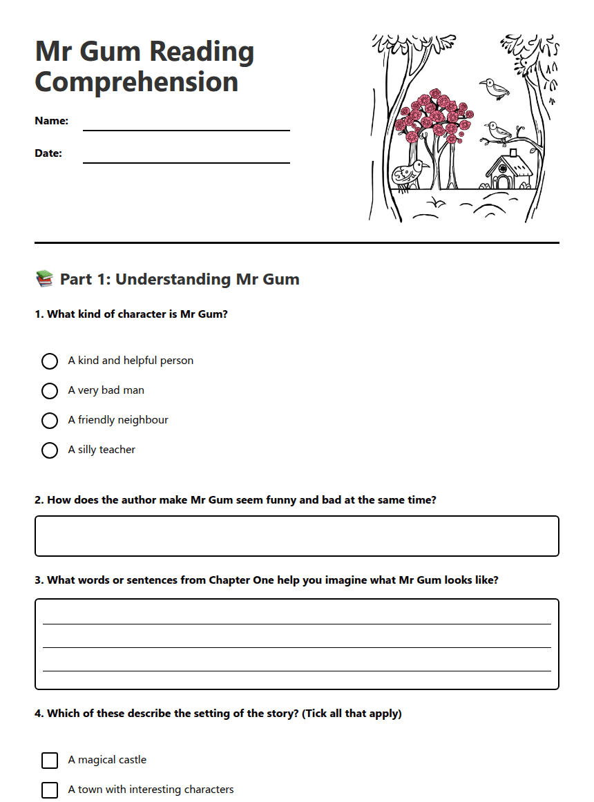 Mr Gum Reading Comprehension worksheet preview