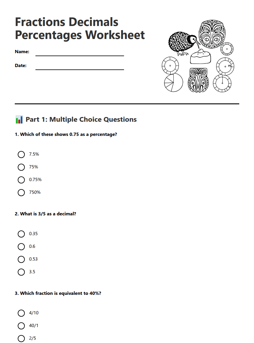 Fractions Decimals Percentages Worksheet worksheet preview
