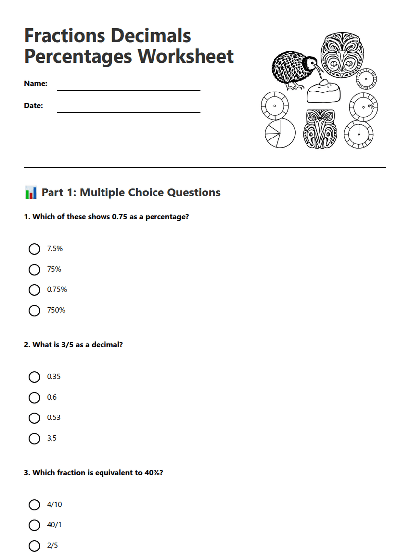 Fractions Decimals Percentages Worksheet