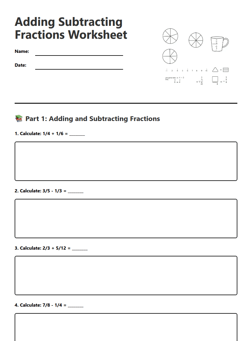 Adding Subtracting Fractions Worksheet worksheet preview