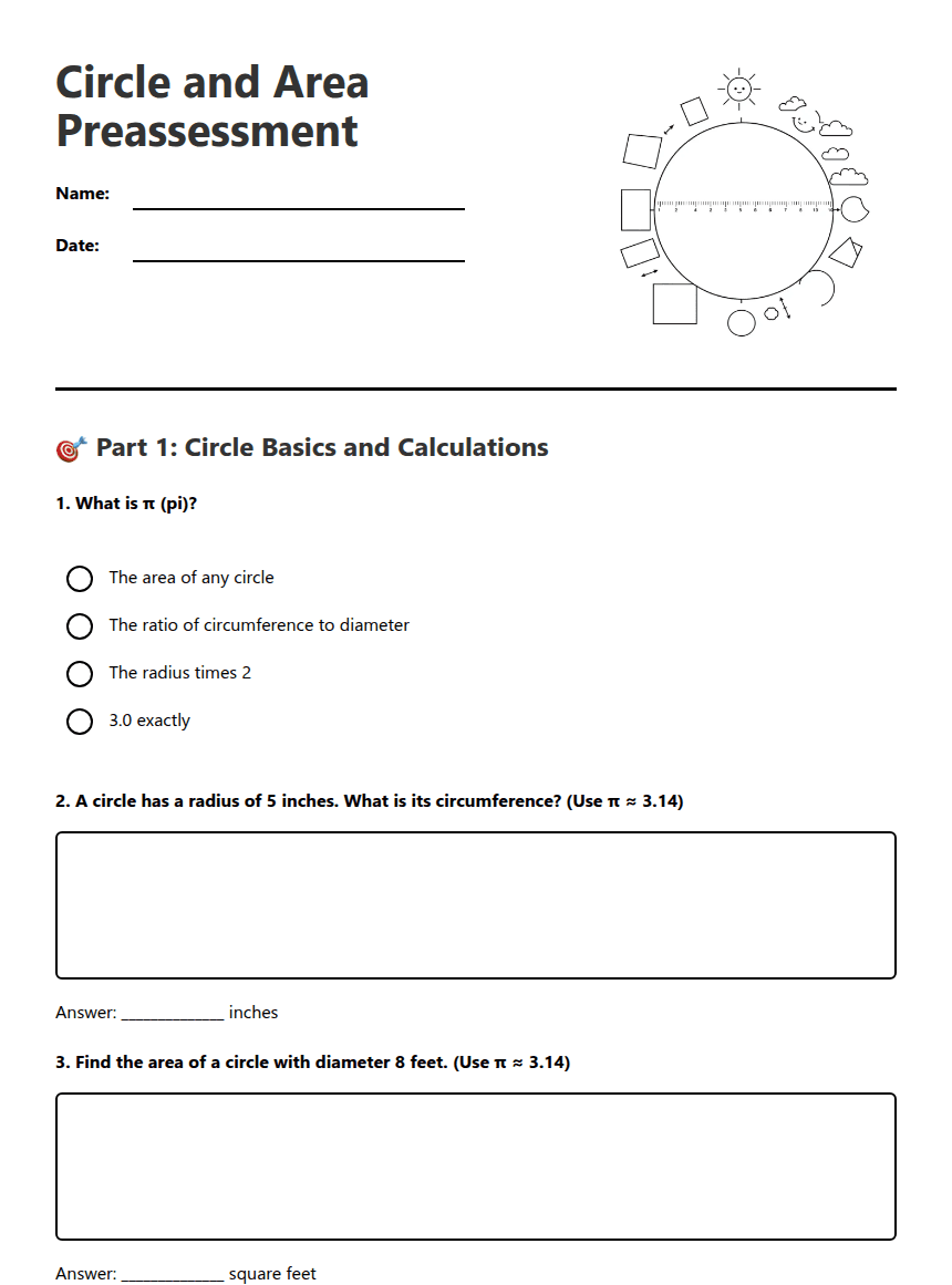 Circle and Area Preassessment worksheet preview