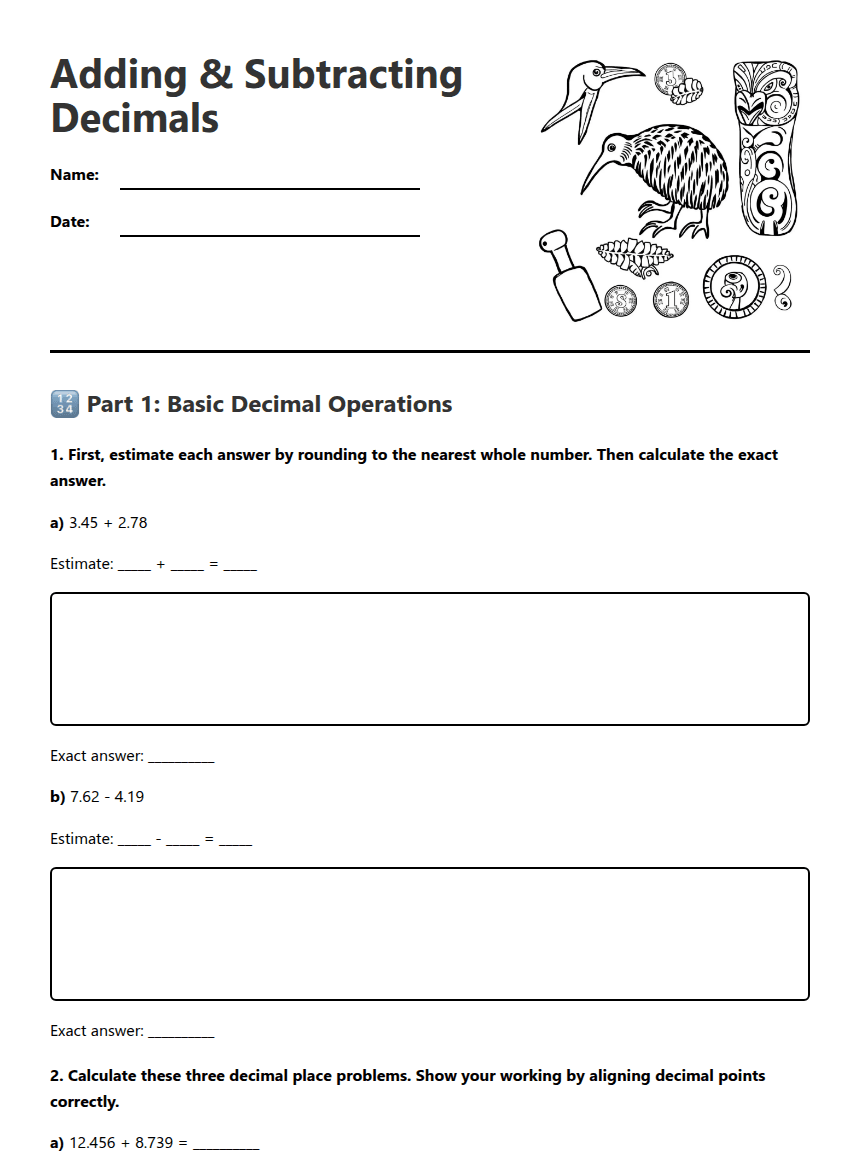 Adding Subtracting Decimals worksheet preview