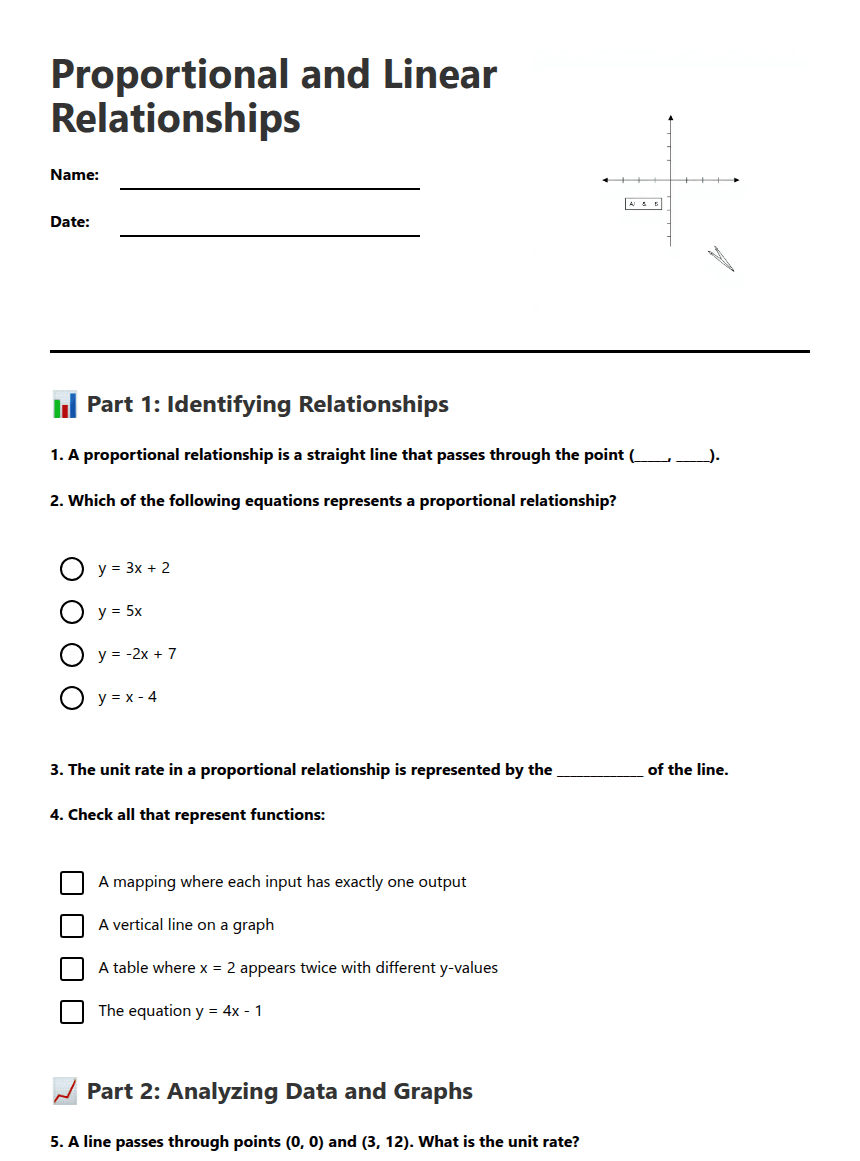 Proportional and Linear Relationships worksheet preview