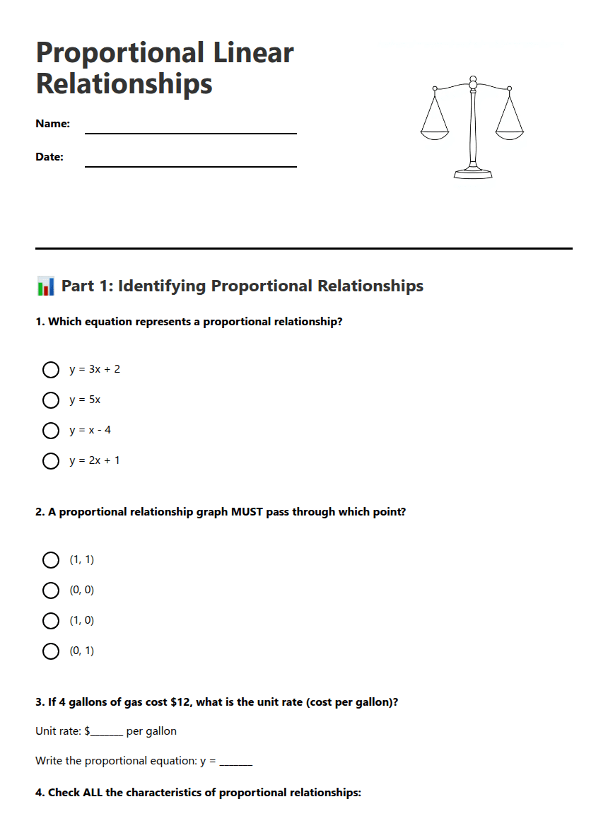 Proportional Linear Relationships worksheet preview