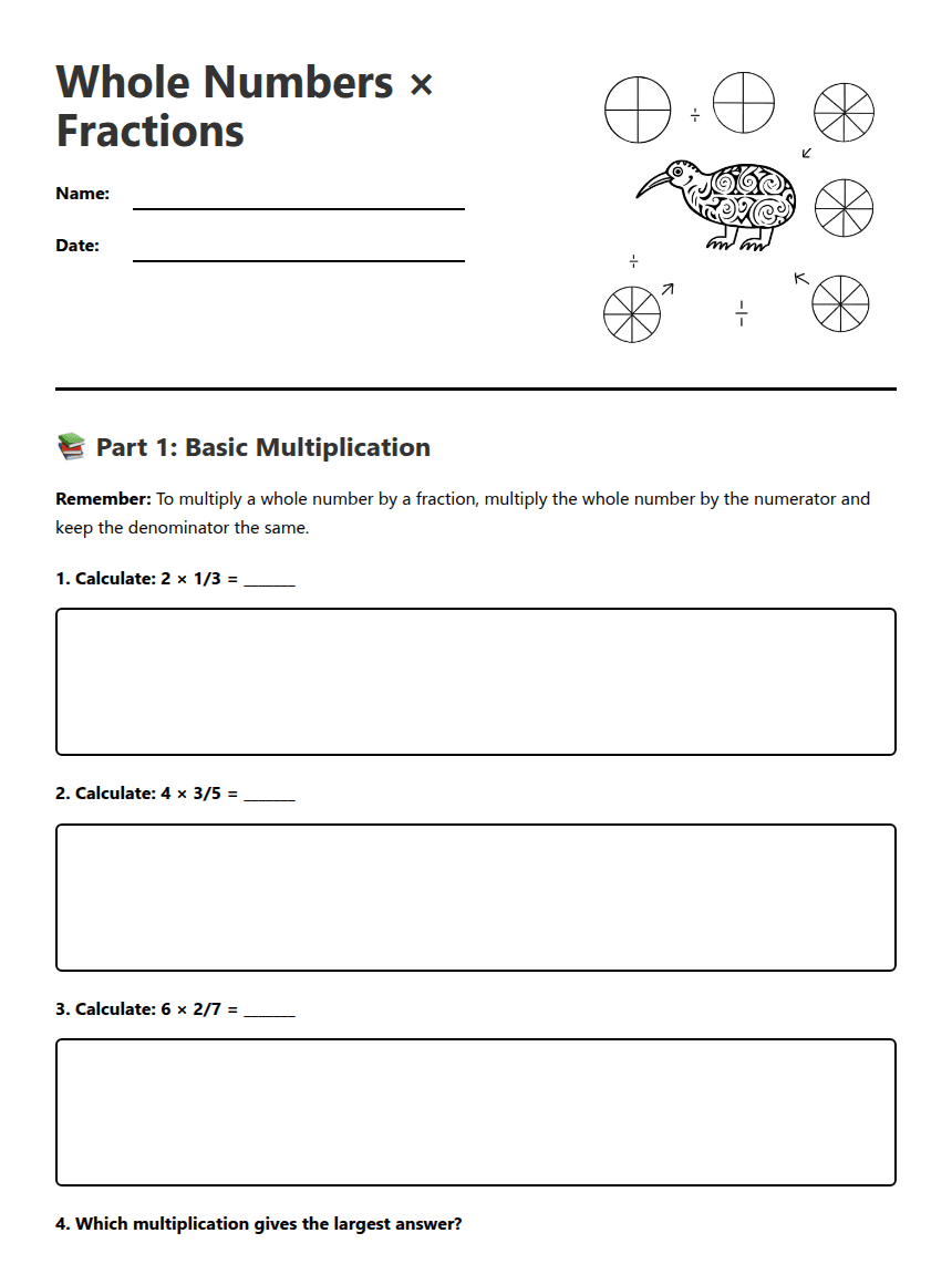 Whole Numbers × Fractions worksheet preview
