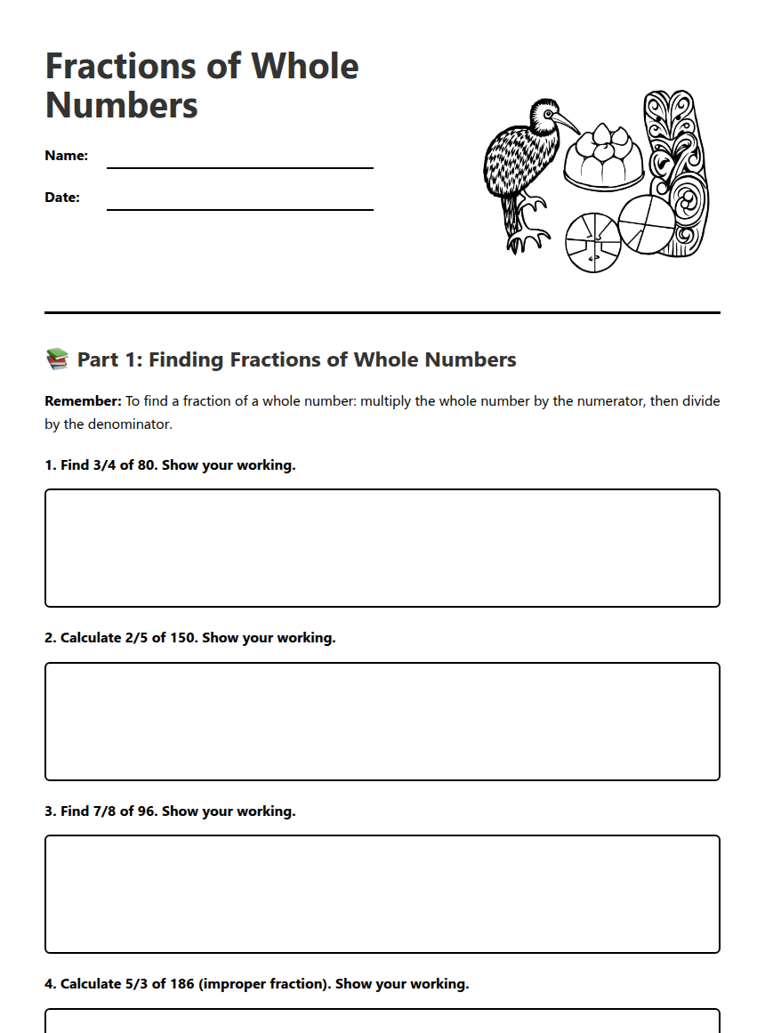 Fractions of Whole Numbers worksheet preview