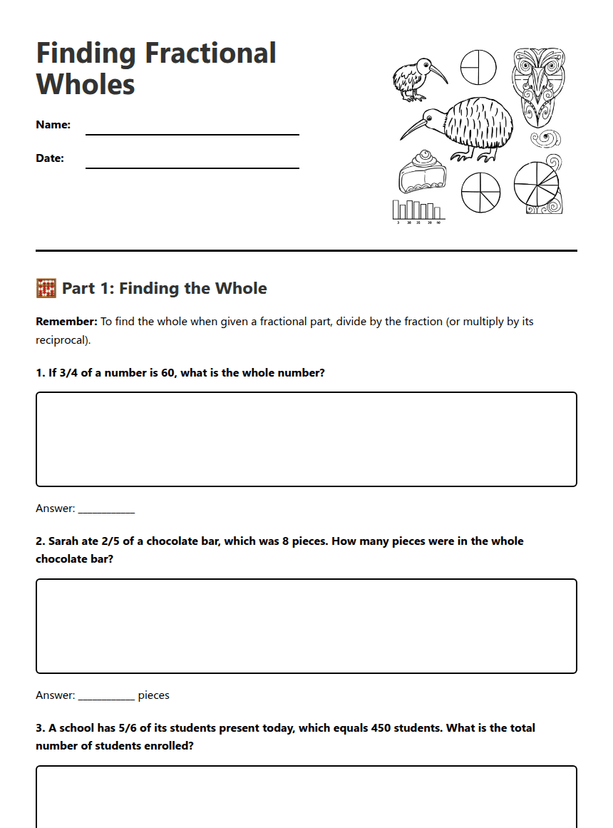 Finding Fractional Wholes worksheet preview