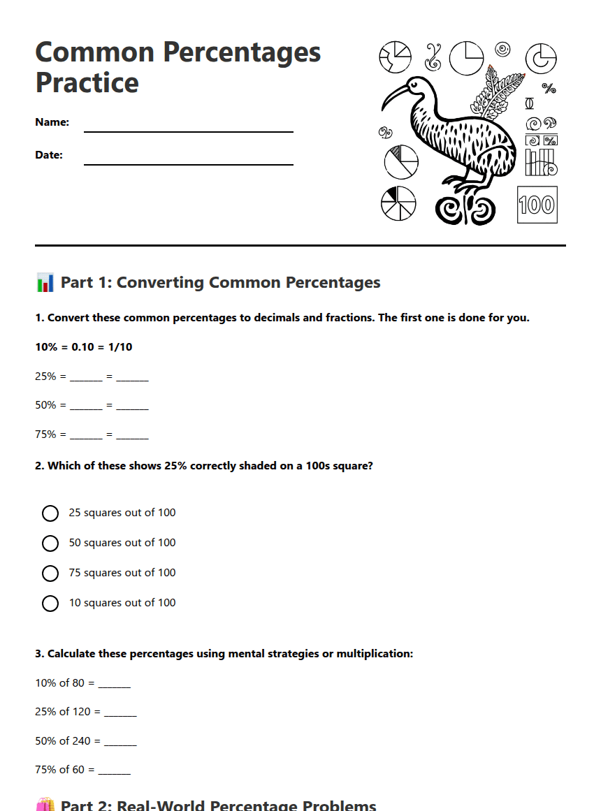 Common Percentages Practice worksheet preview
