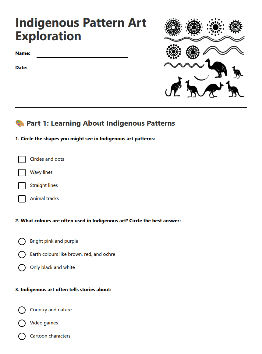 Indigenous Pattern Art Exploration worksheet preview