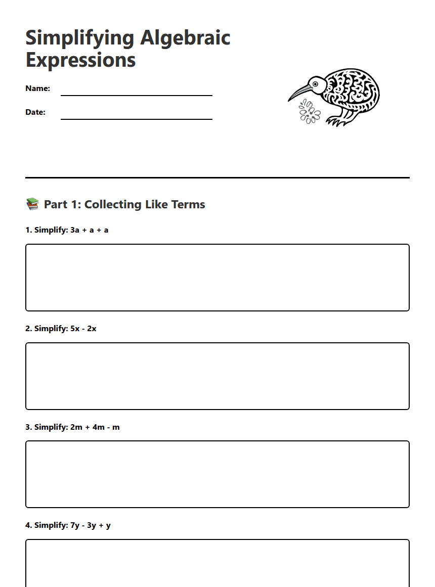 Simplifying Algebraic Expressions worksheet preview