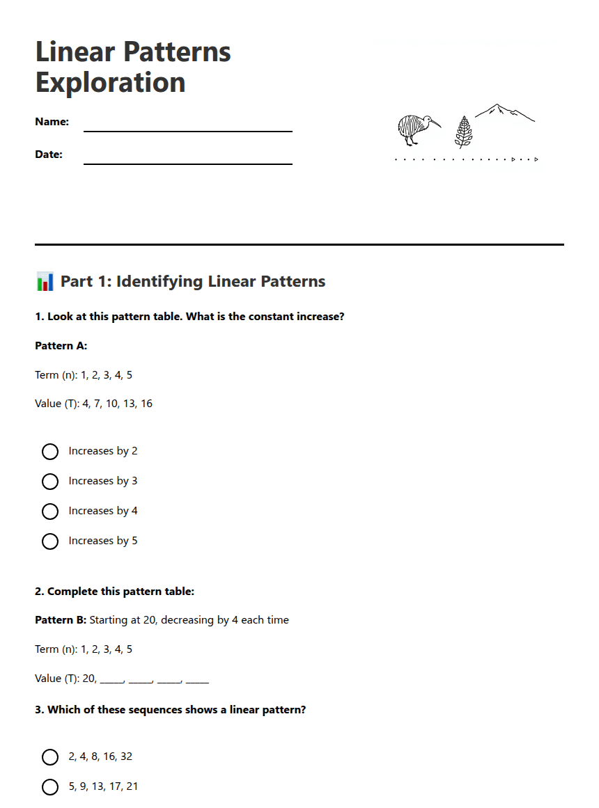 Linear Patterns Exploration worksheet preview