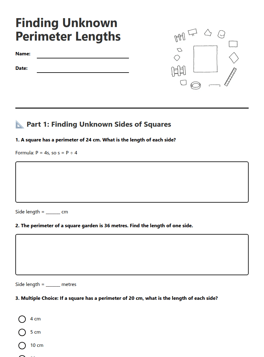 Finding Unknown Perimeter Lengths worksheet preview