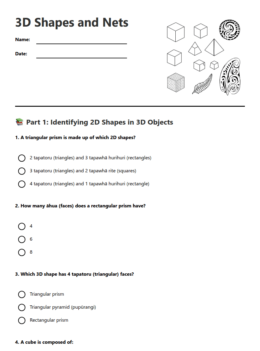 3D Shapes and Nets worksheet preview