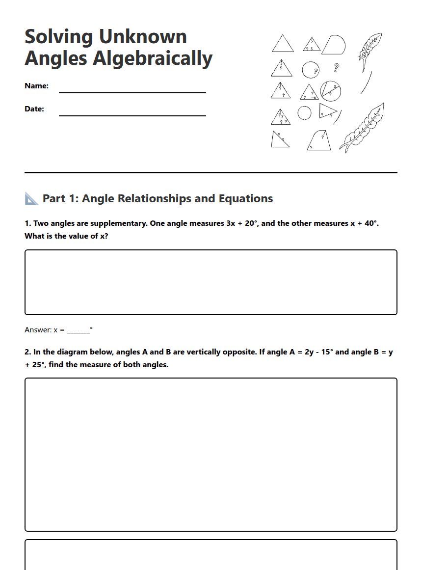 Solving Unknown Angles Algebraically worksheet preview