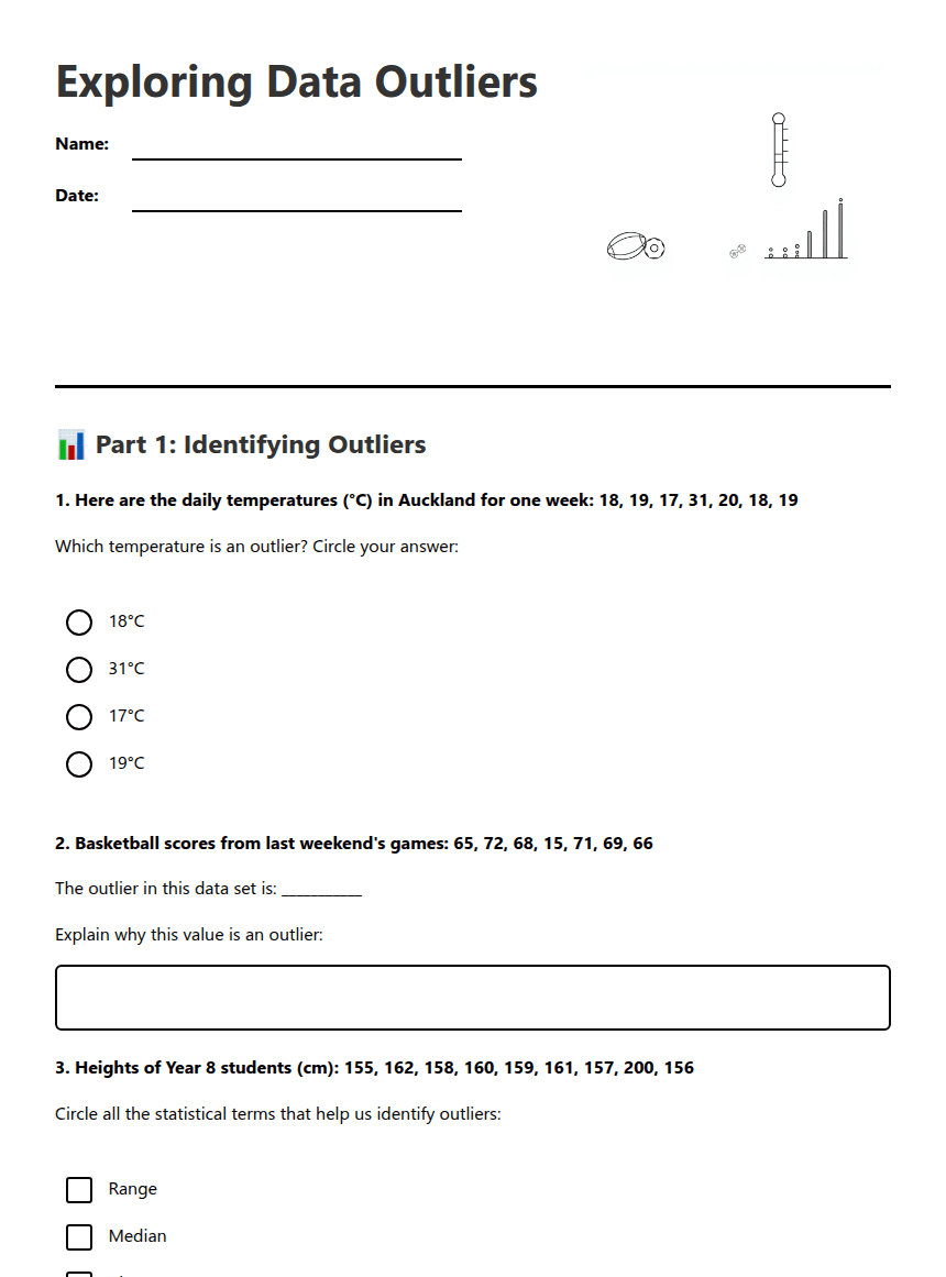 Exploring Data Outliers worksheet preview