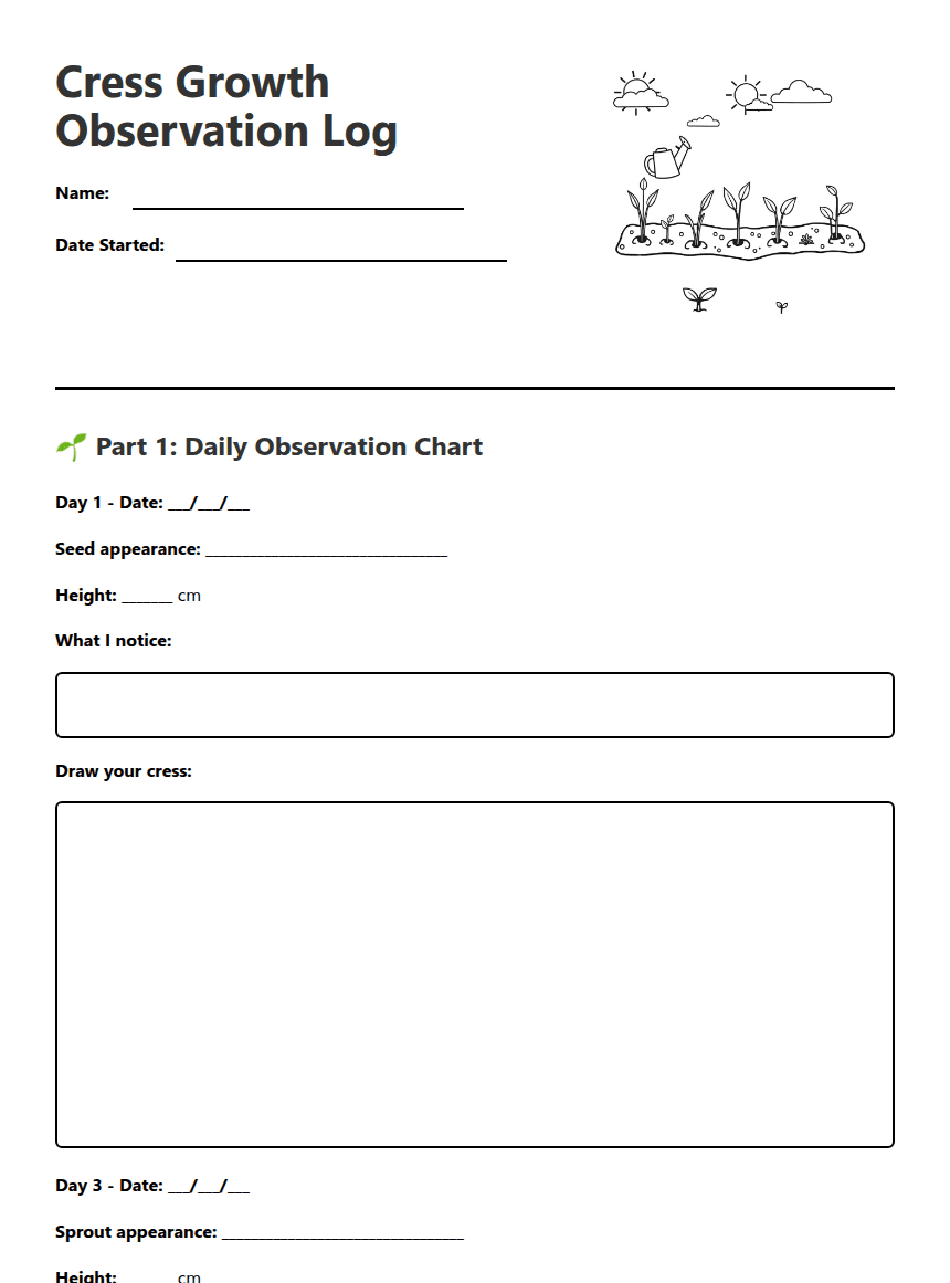 Cress Growth Observation Log worksheet preview