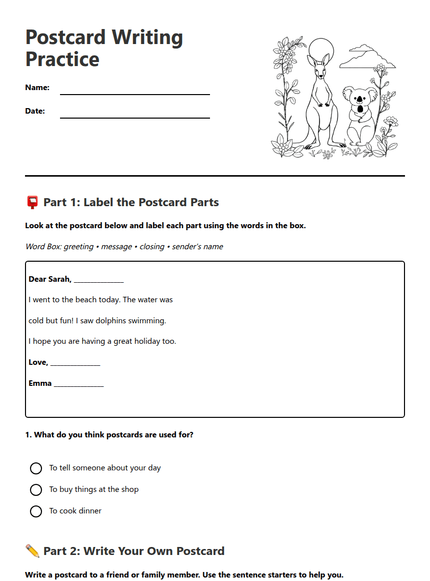 Postcard Writing Practice worksheet preview