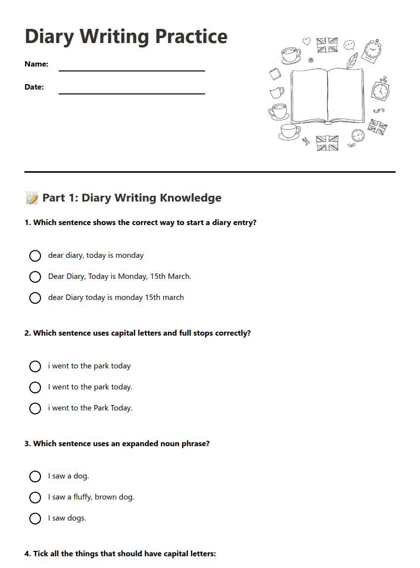 Diary Writing Practice worksheet preview